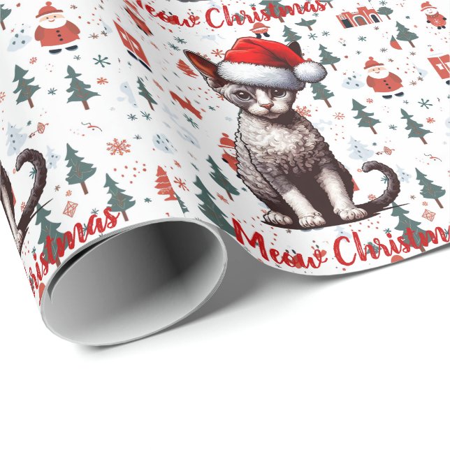 Meow Christmas Devon Rex Cat, Xmas Santa Kitten Wrapping Paper (Roll Corner)