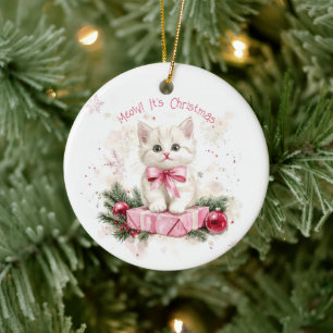 Meow Christmas Kitten Pink Ceramic Ornament