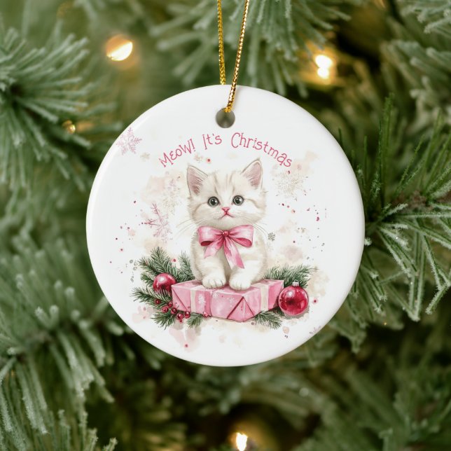Meow Christmas Kitten Pink Ceramic Ornament (Tree)