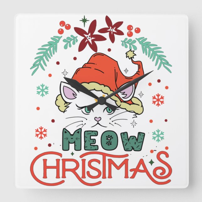 Meow Christmas, Merry Christmas Square Wall Clock (Front)