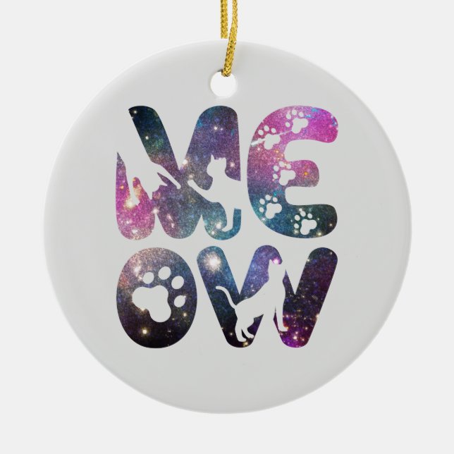Meow – Cute Cat Silhouettes and Paw Prints Design Ceramic Ornament (Front)