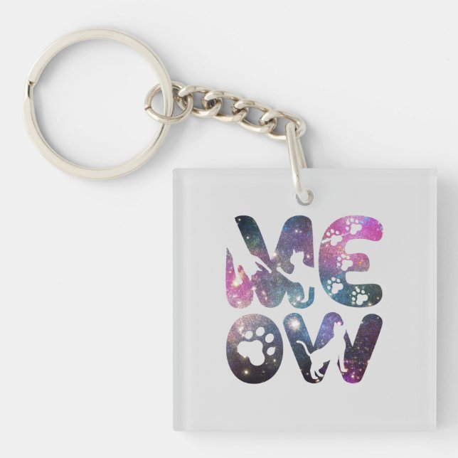 Meow – Cute Cat Silhouettes and Paw Prints Design Key Ring (Front)