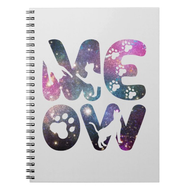 Meow – Cute Cat Silhouettes and Paw Prints Design Notebook (Front)