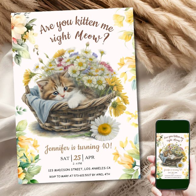 Meow! Cute Kitten Floral Kitty Cat 10th Birthday Invitation (Creator Uploaded)