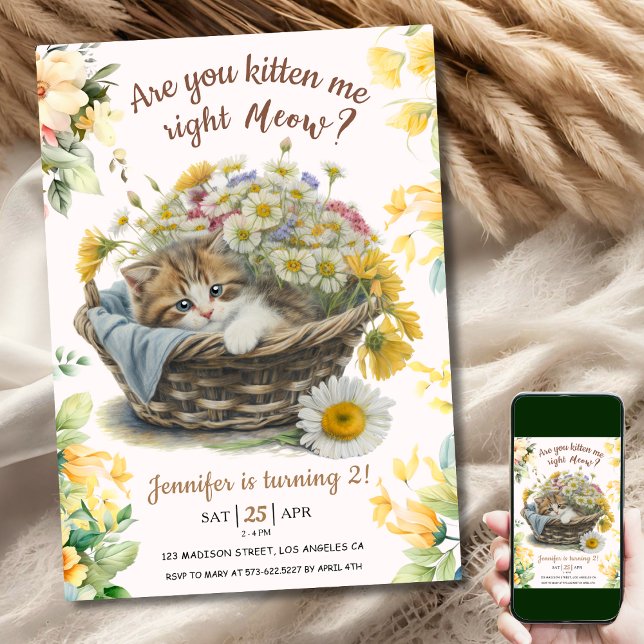 Meow! Cute Kitten Floral Kitty Cat 2nd Birthday Invitation (Creator Uploaded)