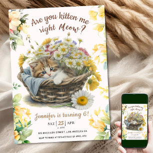 Meow! Cute Kitten Floral Kitty Cat 6th Birthday Invitation