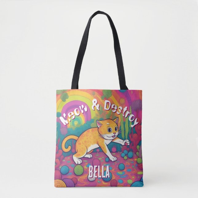 Meow & Destroy Personalised Funny Cat  Tote Bag (Front)