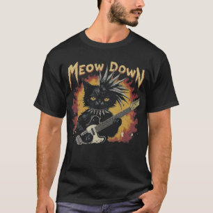 Meow Down Heavy Metal Cat Mohawk Guitar Rocker T-Shirt