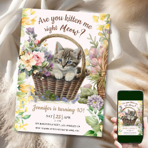 Meow! Floral Cute Kitten Girl Cat 10th Birthday Invitation