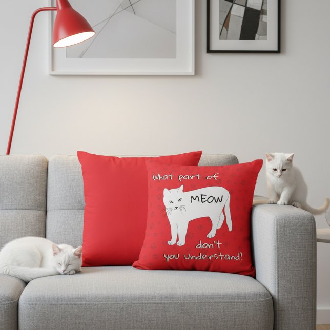 Meow Funny Red and White Cat Throw Pillow  (Funny bold red and white cat throw pillow.)