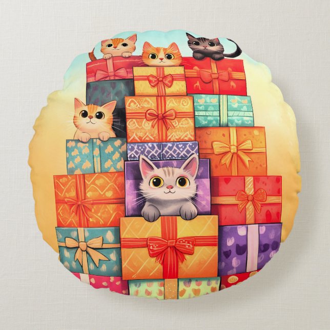 Meow Gift Birthday Tower Round Cushion (Front)