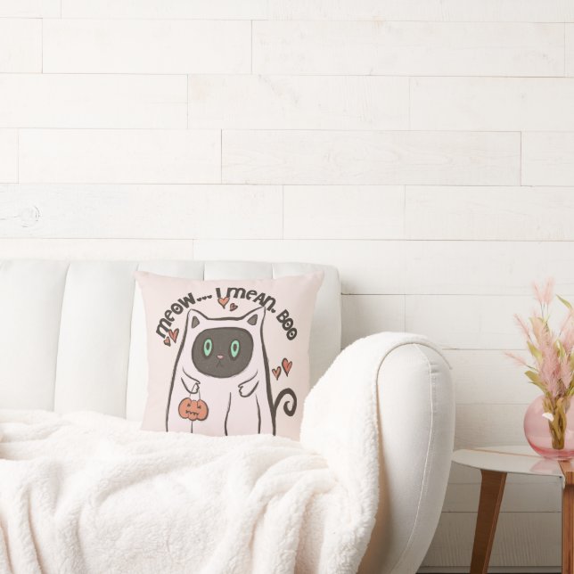 Meow I Mean Boo Black Cat Ghost White Halloween Cushion (Couch)