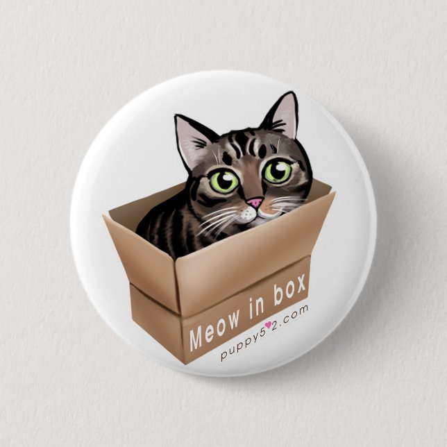Meow in box 6 cm round badge (Front)