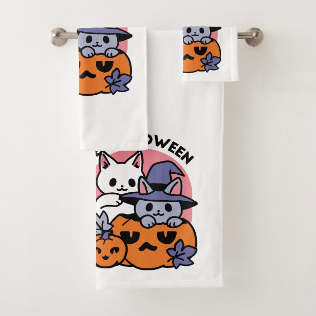 Meow-Loween - Cute Halloween Cat Design Bath Towel Set (Insitu)