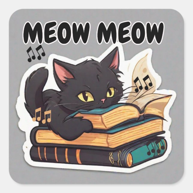 Meow Meow Cat Reading Book Square Sticker (Front)