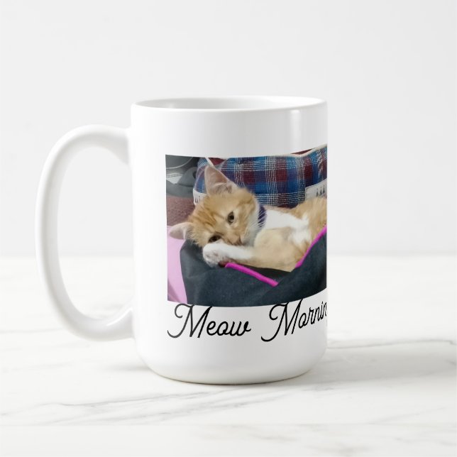 Meow Morning , photo,text, back text, replaceable  Coffee Mug (Left)