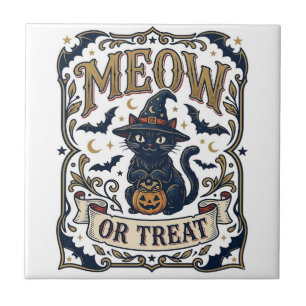 Meow Or Treat Cat Halloween Spooky Cat Vintage Vec Ceramic Tile