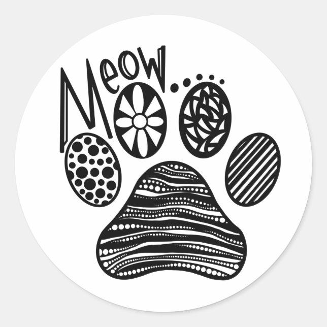 MEOW Paw Print Black and White Round Sticker (Front)