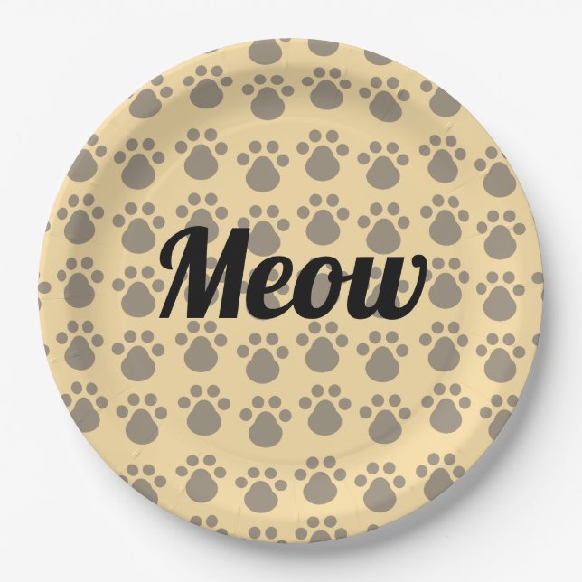 Meow, Paw Prints Paper Plate (Front)