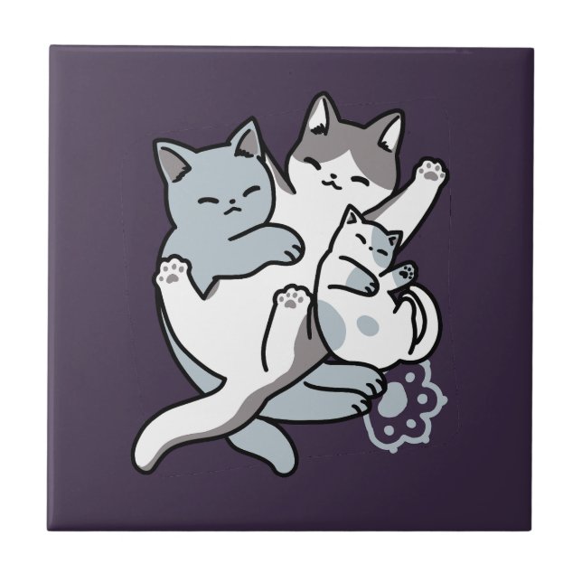 Meow Pounce Snuggle – Cute Sleeping Cats Ceramic Tile (Front)