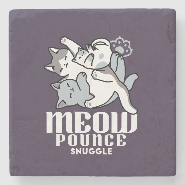 Meow Pounce Snuggle – Cute Sleeping Cats Stone Coaster (Front)