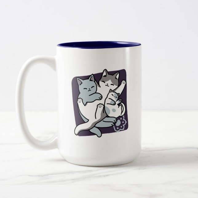 Meow Pounce Snuggle – Cute Sleeping Cats Two-Tone Coffee Mug (Left)