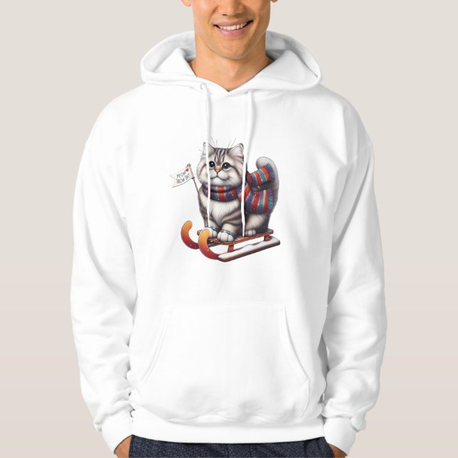 "Meow Snow Day! Cute Kitten on Sled with Scarf Hoodie (Front)