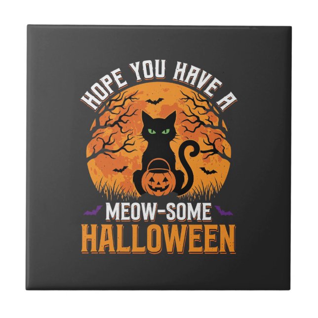 Meow-Some Halloween Black Cat Ceramic Tile (Front)