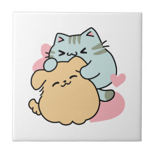 Meow & Woof Perfect Together - Cute Cat and Dog Ceramic Tile