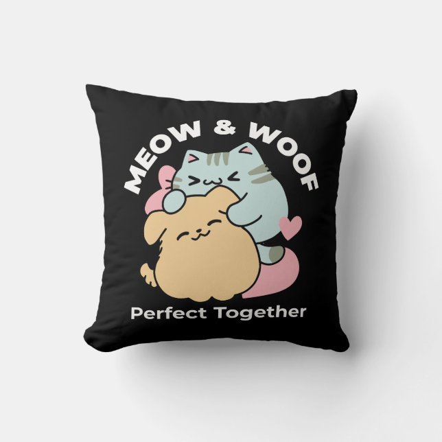 Meow & Woof Perfect Together - Cute Cat and Dog Cushion (Front)