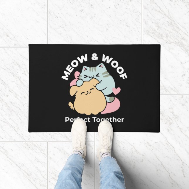 Meow & Woof Perfect Together - Cute Cat and Dog Doormat (Indoor)