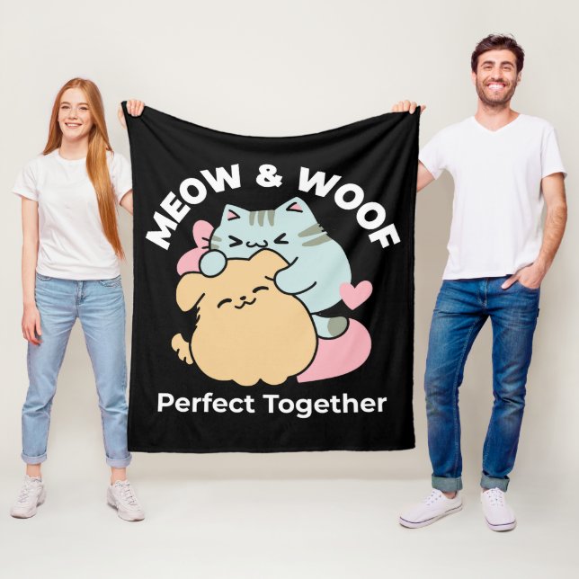 Meow & Woof Perfect Together - Cute Cat and Dog Fleece Blanket (In Situ)