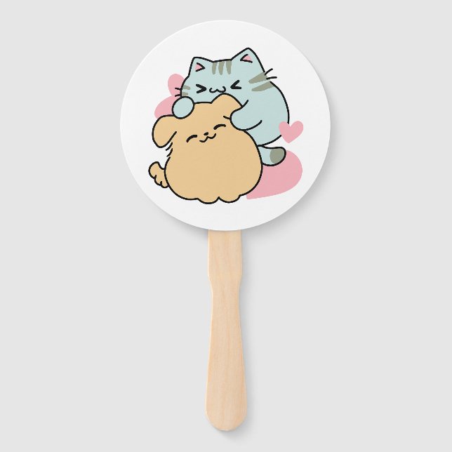 Meow & Woof Perfect Together - Cute Cat and Dog Hand Fan (Front)