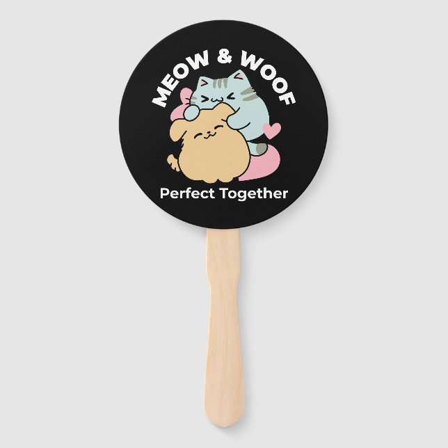 Meow & Woof Perfect Together - Cute Cat and Dog Hand Fan (Front)