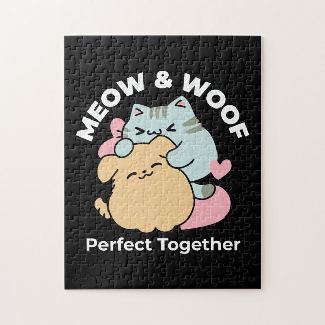 Meow & Woof Perfect Together - Cute Cat and Dog Jigsaw Puzzle (Vertical)