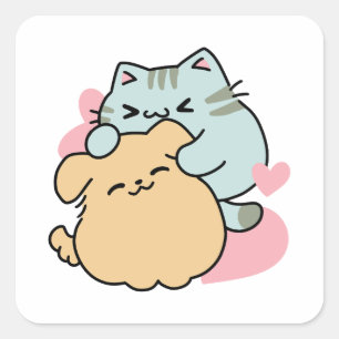 Meow & Woof Perfect Together - Cute Cat and Dog Square Sticker
