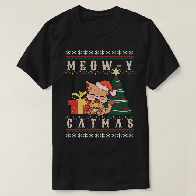 Meow-y Catmas Cat Christmas Tree Xmas Girls Boys F T-Shirt (Design Front)