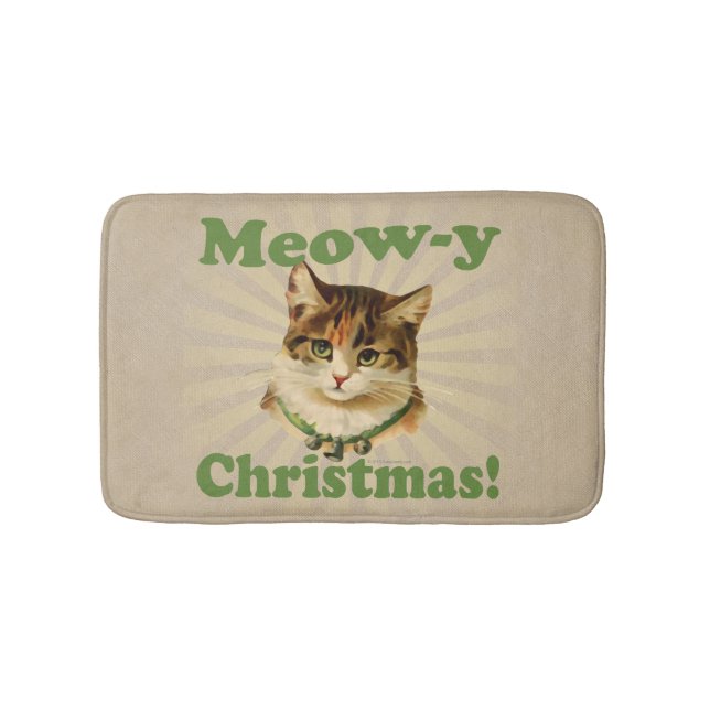 Meow-y Christmas, Cute Funny Holiday Cat Animal Bath Mat (Front)