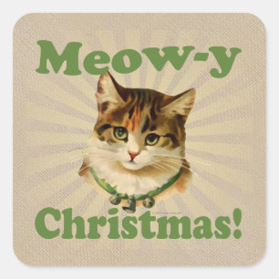 Meow-y Christmas, Cute Holiday Cat Animal Square Sticker