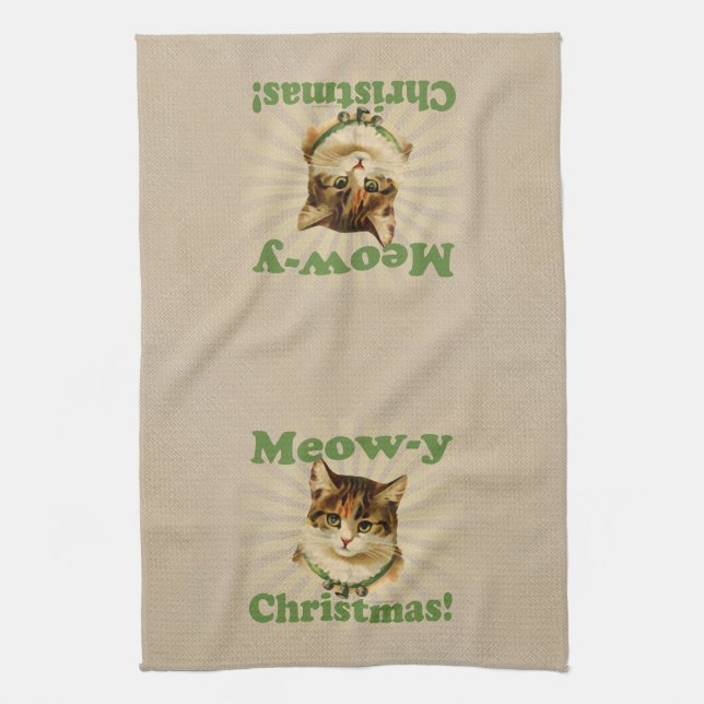 Meow-y Christmas, Cute Holiday Cat Animal Tea Towel (Vertical)