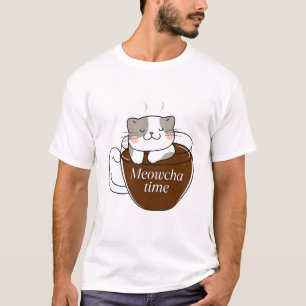 Meowcha Time Cat in Coffee Cup Design T-Shirt