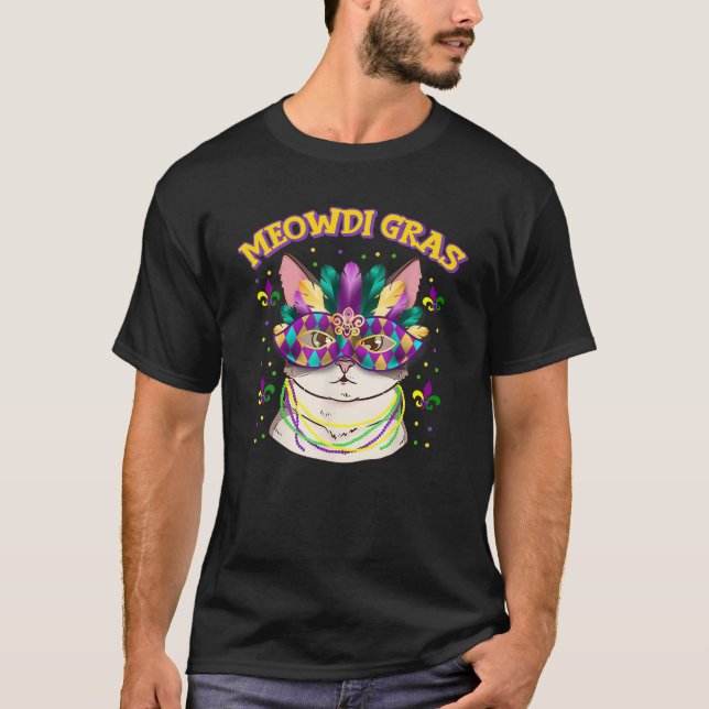 Meowdi Gras Kitten Cat Mask Beads Mardi Gras Funny T-Shirt (Front)