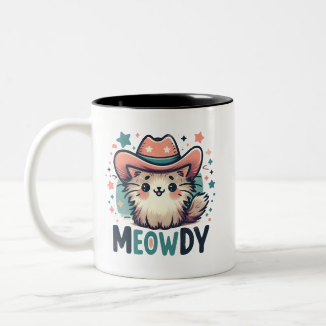 Meowdy Cactus cowboy cute cat Two-Tone Coffee Mug (Left)