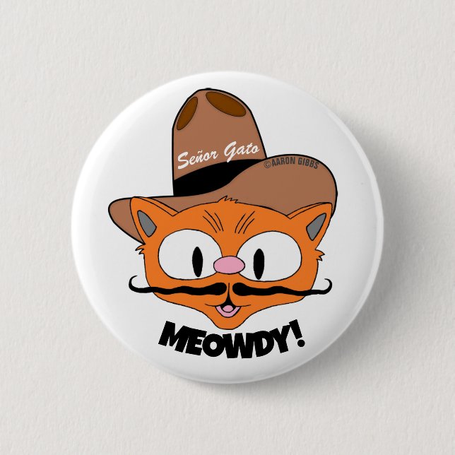 MEOWDY! Cartoon Moustache Cowboy Cat button (Front)