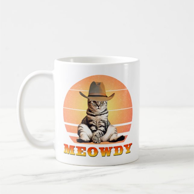 Meowdy Funny Cowboy Cat Coffee Mug (Left)
