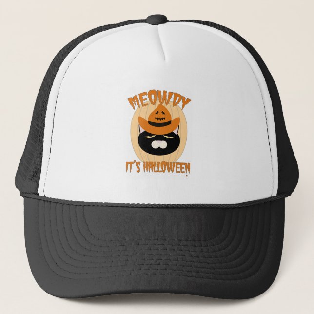 Meowdy Halloween Fun Cartoon Cat Art Trucker Hat (Front)