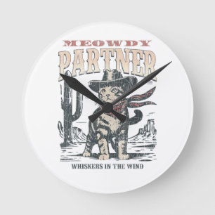 Meowdy Partner Cowboy Cat Round Clock