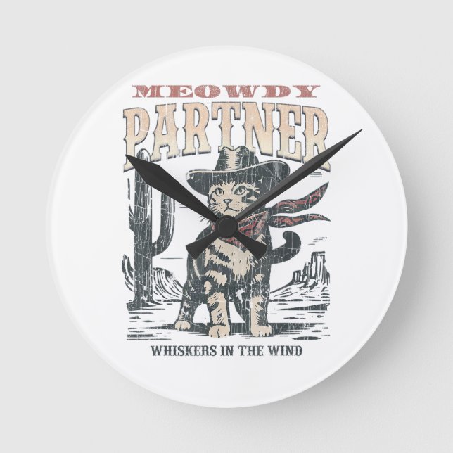 Meowdy Partner Cowboy Cat  Round Clock (Front)