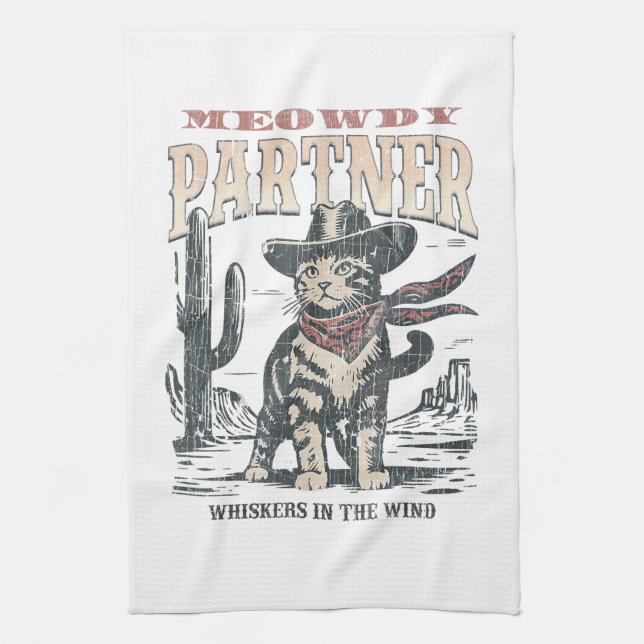 Meowdy Partner Cowboy Cat  Tea Towel (Vertical)
