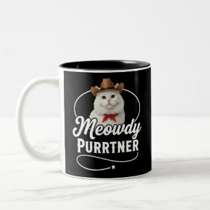 Meowdy Purrtner Funny Cat Cowboy Western Pun Desig Two-Tone Coffee Mug